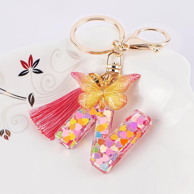 Suweibuke Colourful Cute Initial Letter Keychains for Women Girls with Tassel Butterfly, Charm for Purse Handbags Backpacks