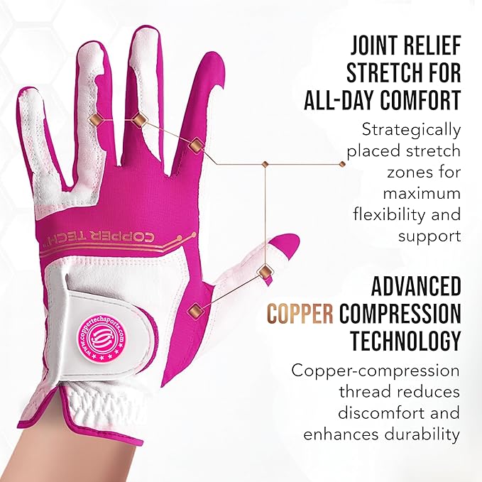 Copper Tech Ladies Golf Gloves Women Right Handed Golfer or Left Handed Golfer 2 Pack | Copper Compression Joint Support with Flexible & Comfortable Fit | AAA Leather & Silicone Tacky Pad