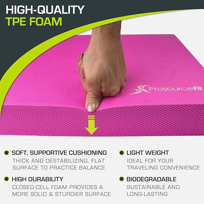 ProsourceFit Exercise Balance Pad – Large Cushioned Non-Slip Foam Mat & Knee Pad for Fitness, Stability Training, Physical Therapy, Yoga 15"x19", Pink