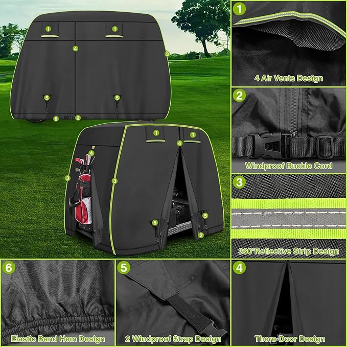 2/4 Passenger Golf Cart Cover Fits EZGO, Club Car, Yamaha Golf Carts with Reflective Strips, All Weather Protection/Waterproof/Snowproof/Windproof/Sunproof/Full Gold Cart Covers