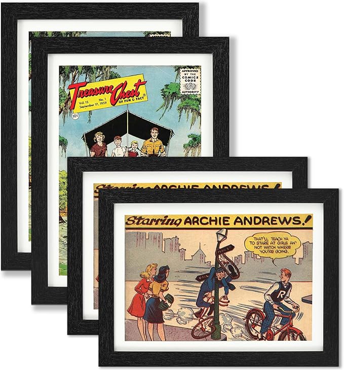 JupDec Comic Book Frame, Premium Wood Display Case for 6 11/16" × 10 3/16" Comic, Wall Mount or Tabletop Stand, Layered Design with Positioning Mat, Perfect for Home Decor, 4 Pack, White