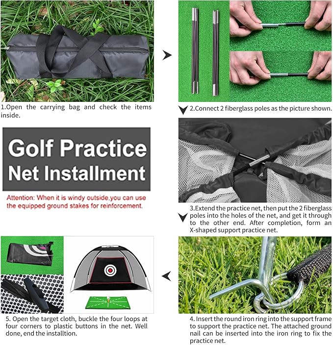 Black Golf Practice Set With Net, Hitting Mat, Target Cloth and Carrying Bag for Backyard Driving