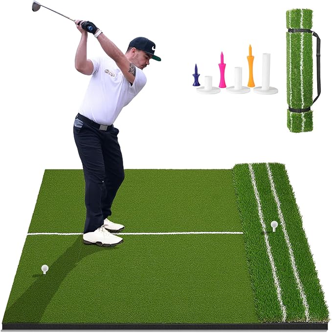 DCQ Real Feel 5x4ft & 6x4ft Golf Hitting Mat, Large Golf Mat, Dual Turf, Fairway & Rough Artificial Grass, Golf Practice Mat Indoor & Outdoor, Driving & Chipping Pad with Cushion, Golf Simulator Mat