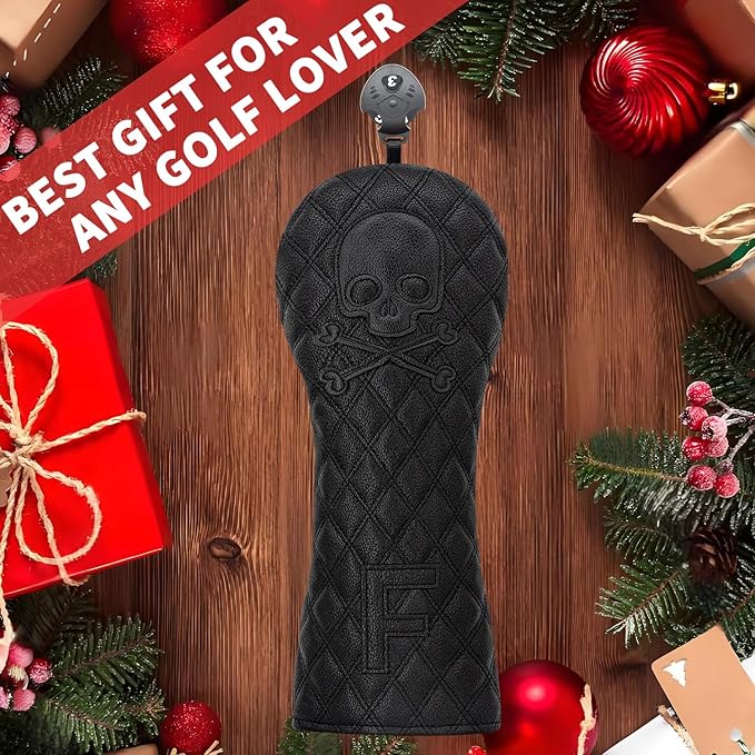 Grid Black Line Skull Golf Club Covers – Driver Headcover, Fairway Wood & Hybrid, 3 Wood Headcover, Black Skull Leather, Waterproof Easy-Clean, Universal Fit The Most Brands