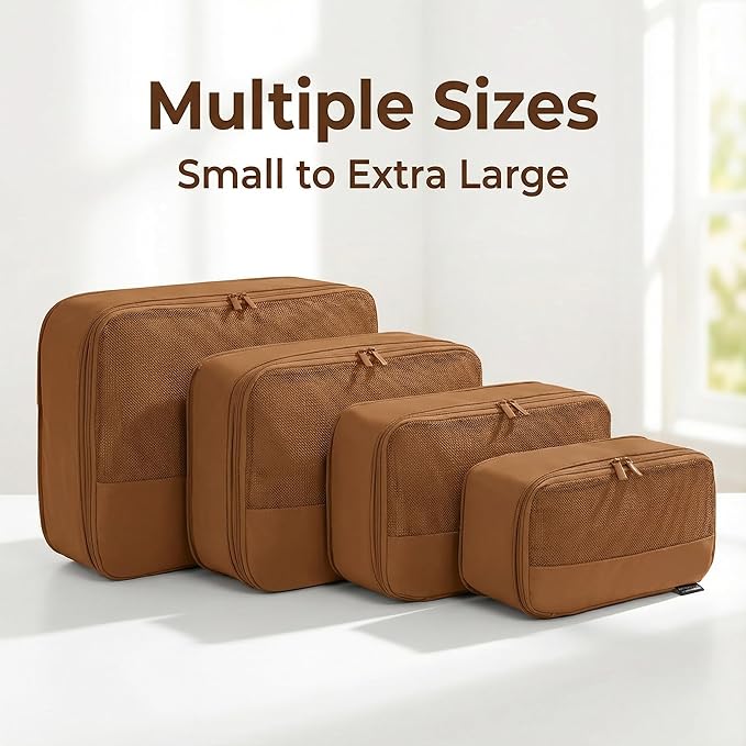 4 Piece Compression Packing Cubes for Suitcases and Backpack, Lightweight Travel Organizer Bags (Light Brown)