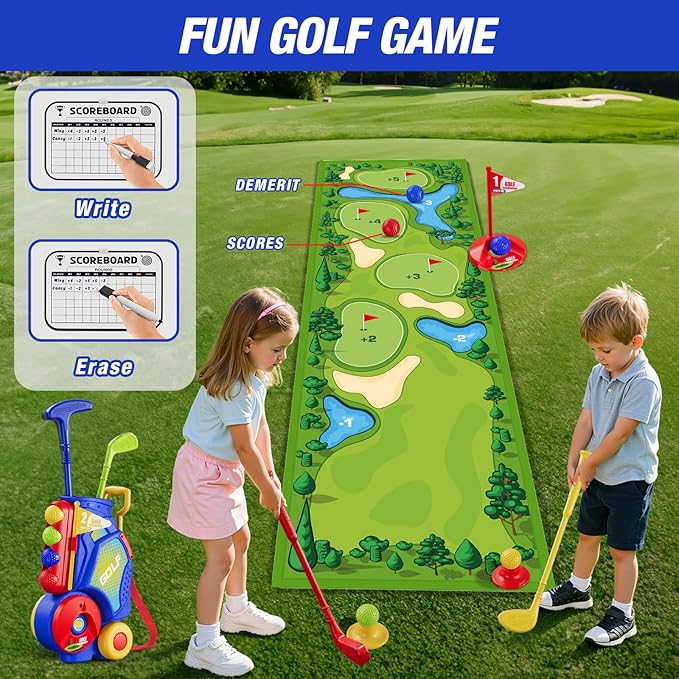 Toddler Golf Set 2-4 Years, Kids Golf Club with 8 Balls, 4 Plastic Clubs, Putting Mat, Scoreboard, Storage Bag, Indoor Outdoor Game with Golf Cart Sport Toy Gift for Baby Boys Girls Age 3-5, Blue