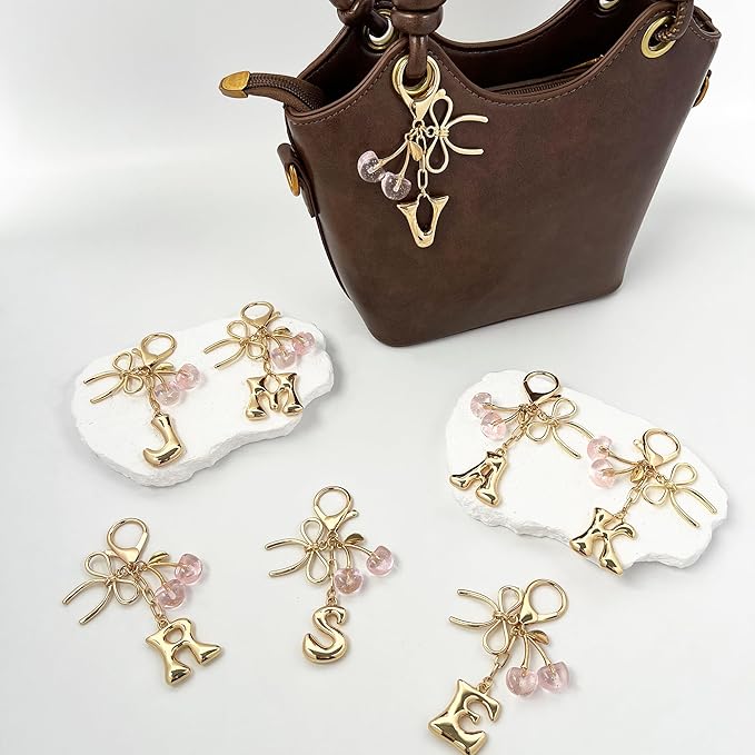 Gold Bubble Heart, Cherry, Bow & More Designs Letter Initial Keychain Bag Charms – Cute Purse Charms for Handbags