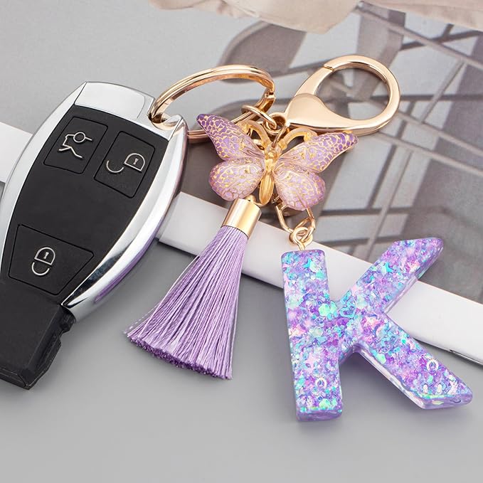 Suweibuke Colourful Cute Initial Letter Keychains for Women Girls with Tassel Butterfly, Charm for Purse Handbags Backpacks