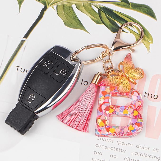 Suweibuke Colourful Cute Initial Letter Keychains for Women Girls with Tassel Butterfly, Charm for Purse Handbags Backpacks