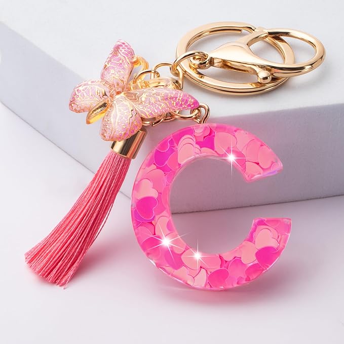Suweibuke Colourful Cute Initial Letter Keychains for Women Girls with Tassel Butterfly, Charm for Purse Handbags Backpacks