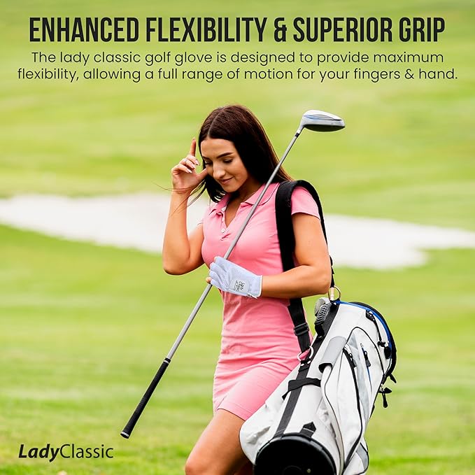 Mesh Half Golf Glove for Women – Premium Cabretta Leather Palm, Breathable Mesh Back, Half-Finger Design Ladies Golf Glove for Enhanced Grip & Comfort