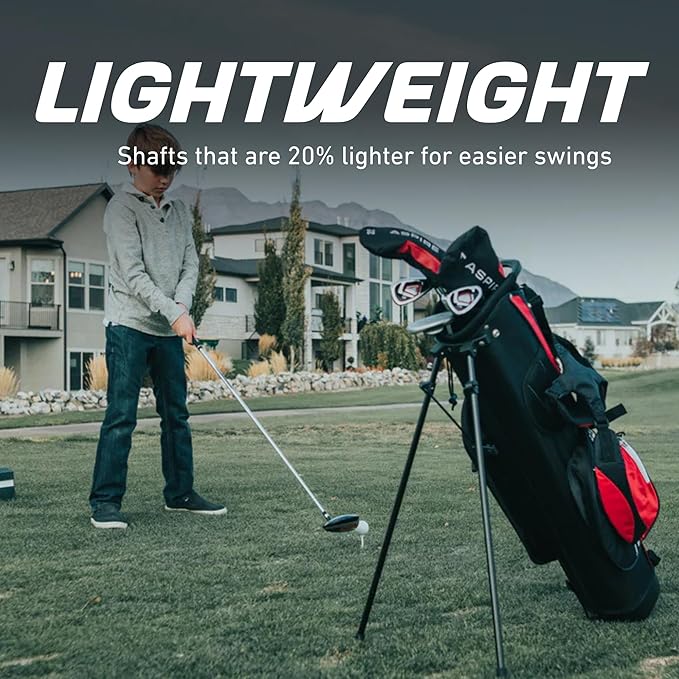 Aspire Junior Plus Kids Golf Clubs – Boys’ & Girls’ Right-Handed Golf Set with Lightweight Stand Bag, Graphite Shafts & Aircraft-Grade Aluminum Clubs