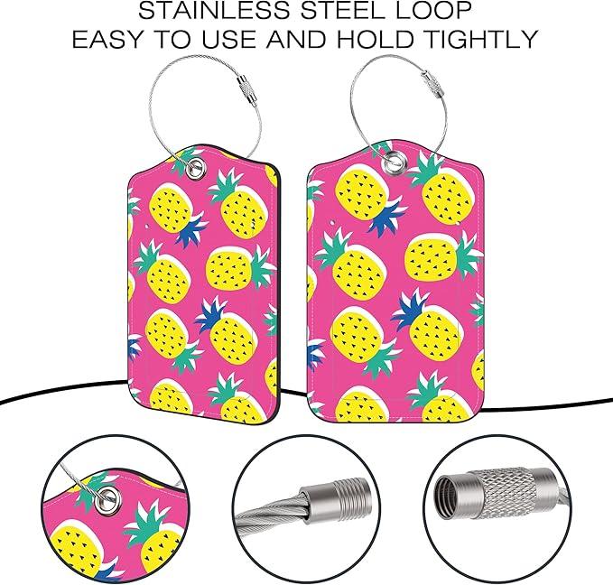 2 Pack Luggage Tags for Suitcase,Tropical Pineapple Fruit PU Leather Luggage Tags with Privacy Cover Name Address Labels and Steel Ring,Creative Travel Accessories for Men and Women