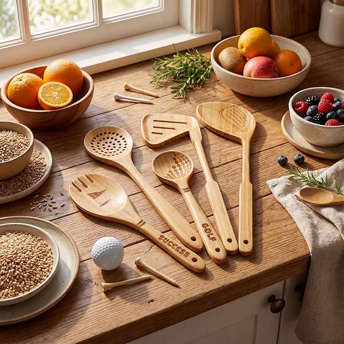 5 Pcs Golf-club Style Kitchen Utensil Set Bamboo Spatula Soup Spoon Fun Golf Themed Kitchen Utensil Set for Gift Funny Birthday Gifts for Men Women Golfers Christmas Birthday