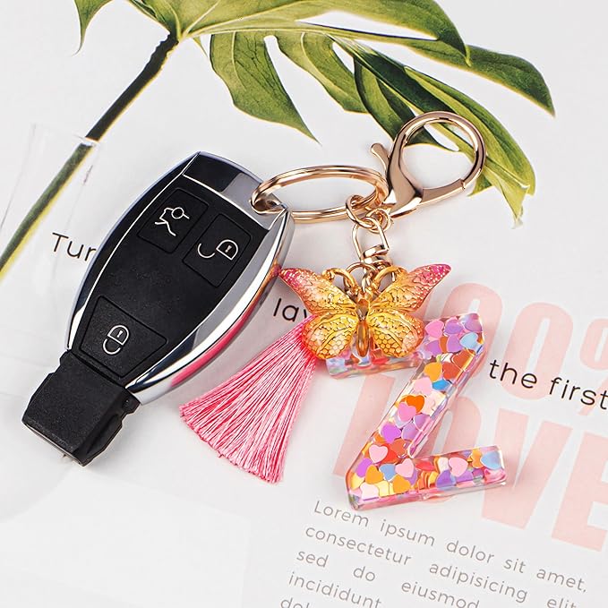 Suweibuke Colourful Cute Initial Letter Keychains for Women Girls with Tassel Butterfly, Charm for Purse Handbags Backpacks