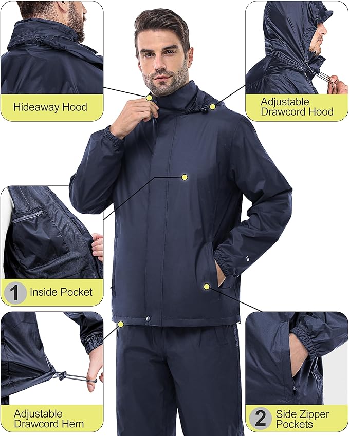 33,000ft Men's Rain Suit Packable Waterproof Lightweight Rain Gear for Golf Hiking Cycling 2 Pieces(Rain Jackets and Pants)