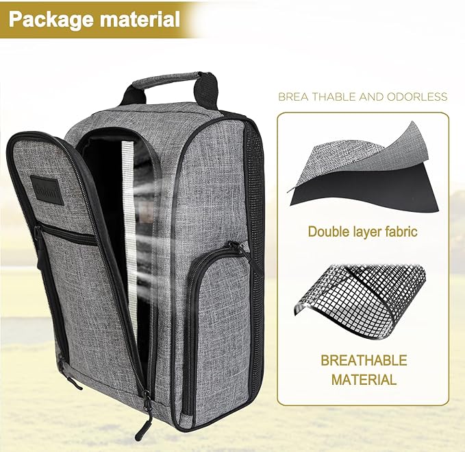 Goloni 2Pcs Golf Shoe Bag for Men & Women, Padded Travel Shoe Bag with Side Accessory Pockets,Sport Shoe Carrier for Golf Shoes,Socks,Tees & Balls,Durable & Lightweight Design(Black+Gray)