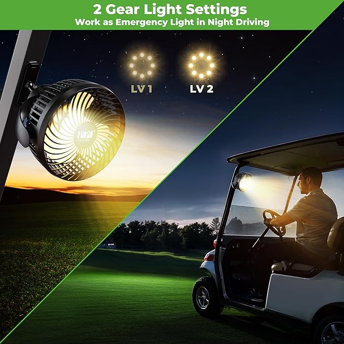 10L0L Magnetic Golf Cart Fan Rechargeable Big Battery Powered Portable Fan,3 Speeds/2 LED Light/56 Hrs Runtime /360°Rotatable with Magnetic Base,USB & Type C Ports,Cool Summer Golf Cart Accessories
