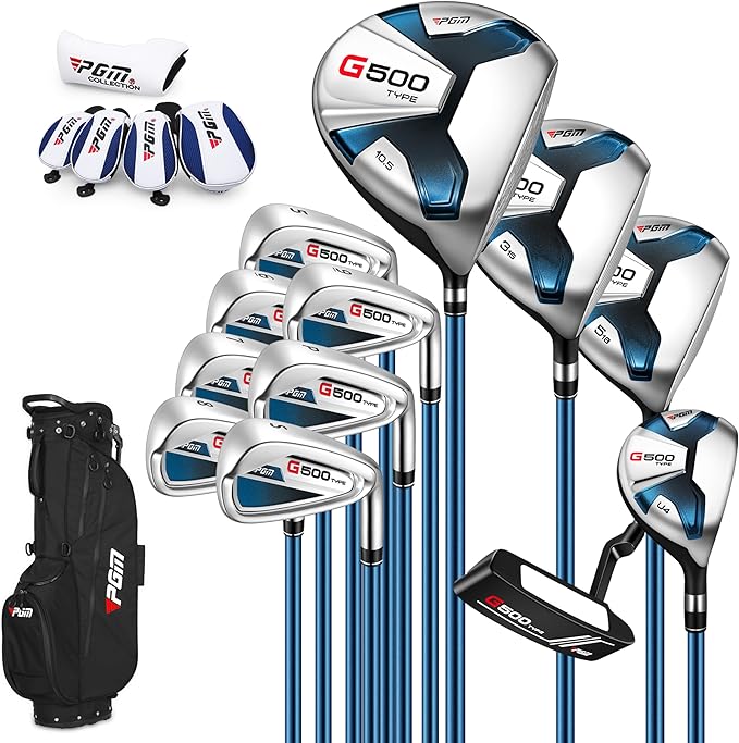 PGM 18 Pieces Men’s Golf Club Set 12pcs Clubs – Titanium #1 Driver, Draw-Biased Hybrid, High-Strength Irons, Forgiving Putter, Stand Bag with 5 Head Covers