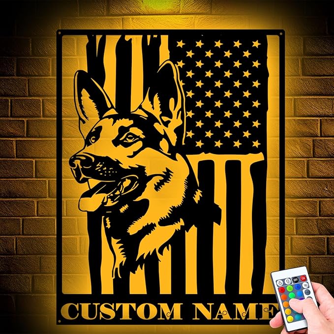 Custom German Shepherd US Flag Metal Sign with LED Lights, Unique Wall Art for Home Decor, gift for Dog Lovers, Durable Hanging Decor for Indoor & Outdoor Spaces
