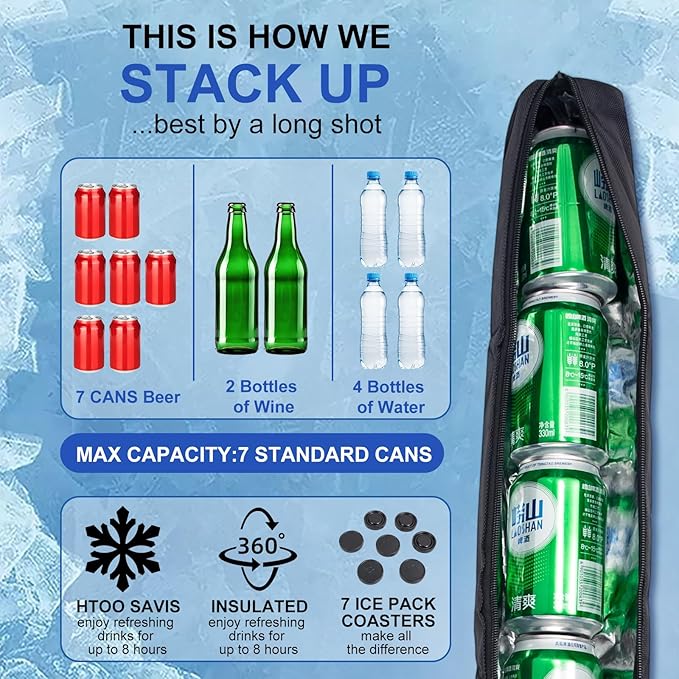 Golf Beer Sleeve with 7 Ice Pucks, Insulated Golf Bag Cooler Holds 7 Cans, Leak-Proof Zipper Sling Beer Sleeves Unique Golf Accessories Golfing Gifts for Men