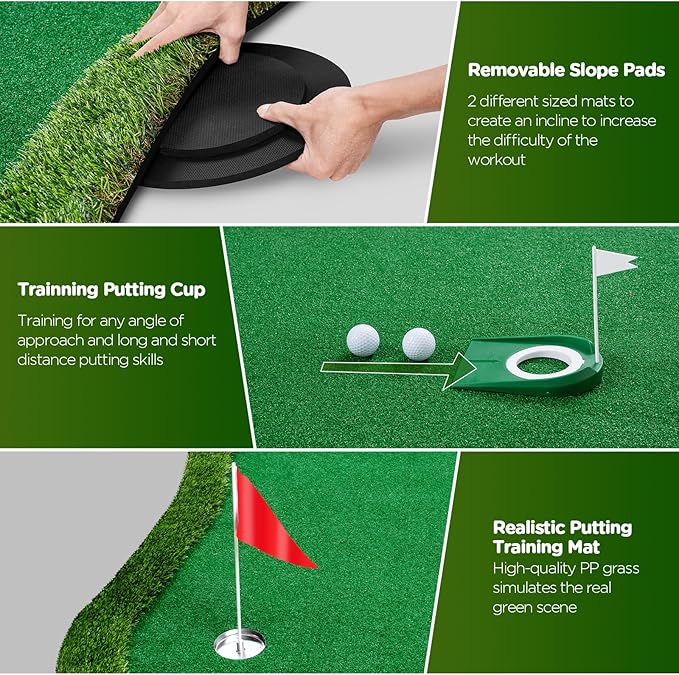 Golf Putting Green Indoor Outdoor Putting matt Professional Training Mat Practice Putting Mat with 3 Flags 1 Movable Cup 2 Slope Pad 5x10ft