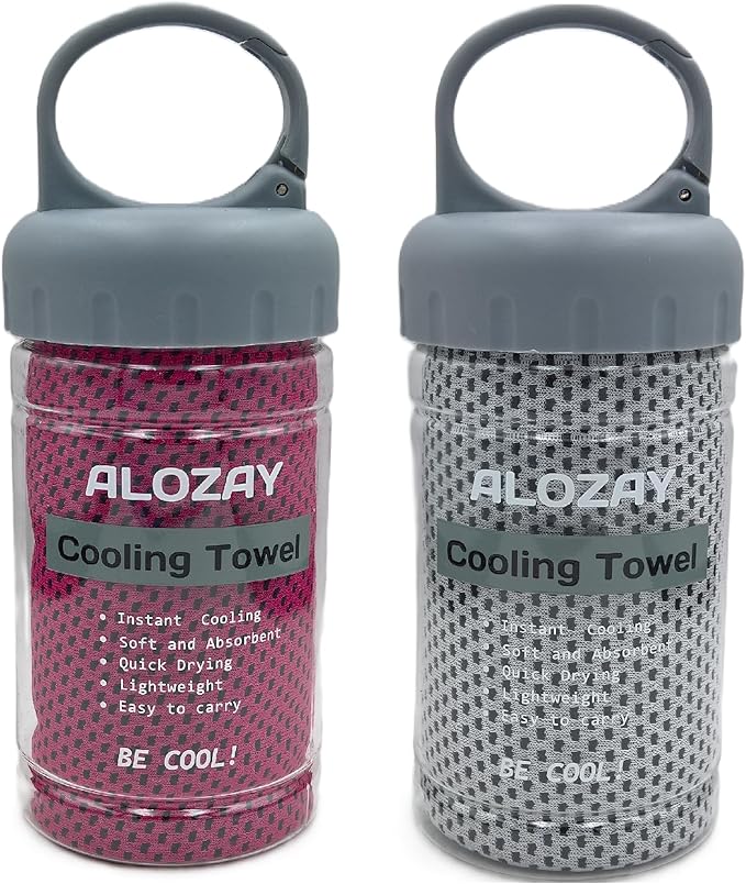 2 Pack Cooling Towels (40"x 12") with Handle Carry Package, Microfiber Ice Towel for Instant Relief, Soft Breathable Chilly Towel for Yoga, Workout, Hiking, Golf, Gym (Rose Red/Grey)