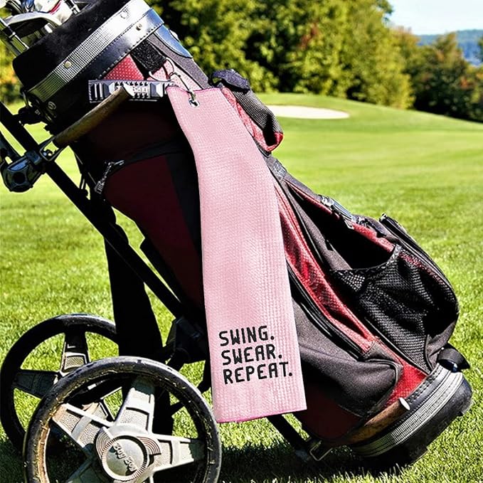 DYJYBMY Swing Swear Repeat Funny Pink Golf Towel with Clip, Fit for Men, Dad, Boyfriend, Birthday Gift for Golf Fan, Funny Golfer
