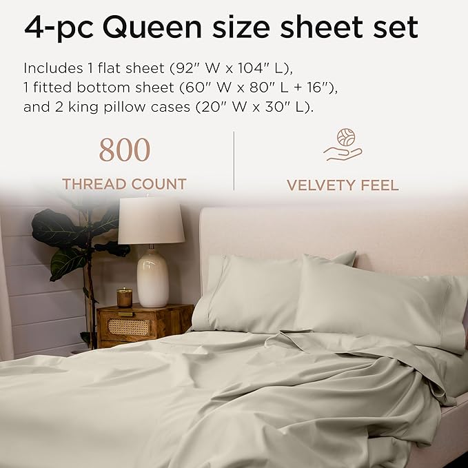 Threadmill Queen Sheet Set | 800 Thread Count Queen Bed Sheets for Queen Mattress with 16” Deep Pocket | Sateen Weave, Better Than Egyptian Cotton, 4-Piece Bedding Set with Cooling Effect | Taupe
