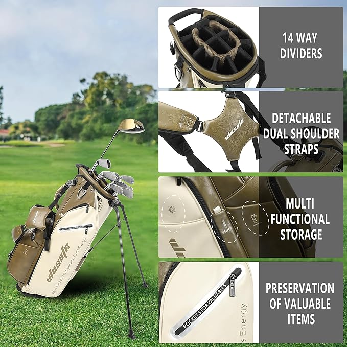 Lightweight 14-Way Golf Stand Bag, PU Leather Golf Bag Waterproof Men Women Full Length Top Dividers, Multiple 8 Pockets Cooler Pouch Adjustable Detachable Shoulder Dual Straps Rain Cover Hood