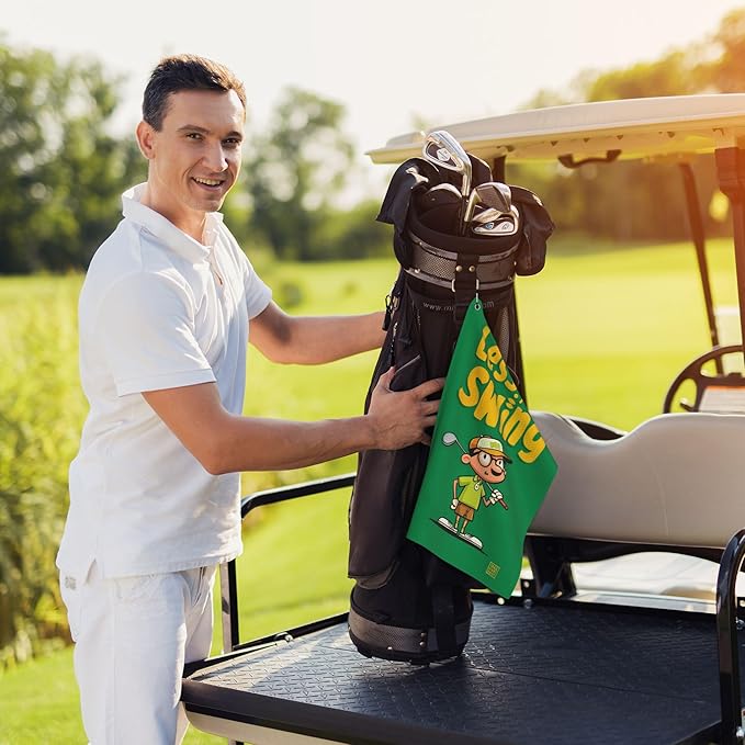Funny Golf Towel with Carabiner Clip 24"x16" Less Talk More Swing Printed Fun Green Golf Towels for Golf Bags Microfiber Waffle Golf Rag for Disc Balls Clubs Golfs Accessories for Men Women Dad