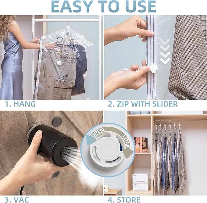 Hanging Vacuum Storage Bags with Electric Pump, 4 Pack (53 x27.5 inch), Vacuum Seal Bags for Clothing, Garment Storage for Short Jacket, Suits, Dresses, Closet Organizer Space Saving