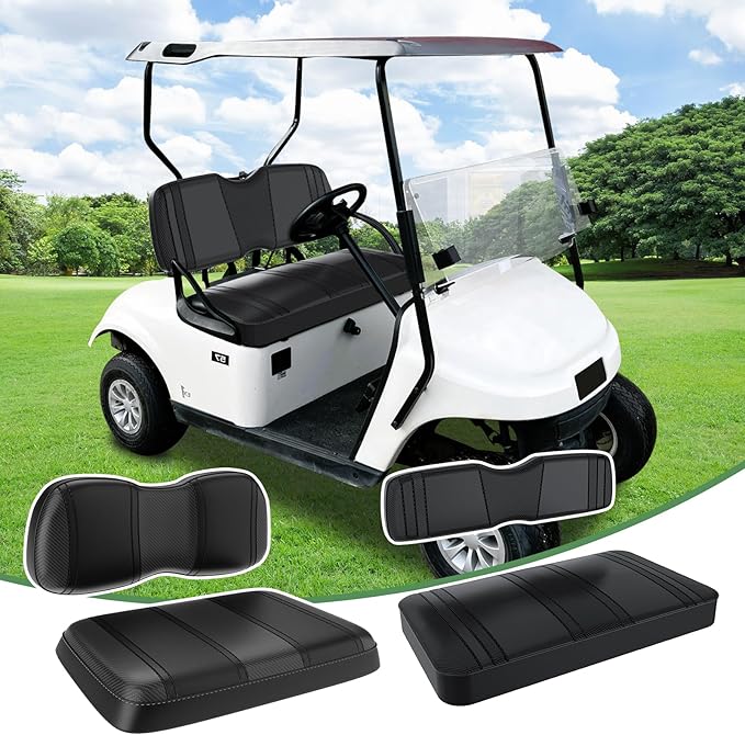T TGBROS Golf Cart Seat Covers Fit for Yamaha Club Car EZGO Ordinary Front Rear Seat Cushion Waterproof Vinyl Leather Breathable Comfortable Replacement Black Seat Cover Anti-Scratch