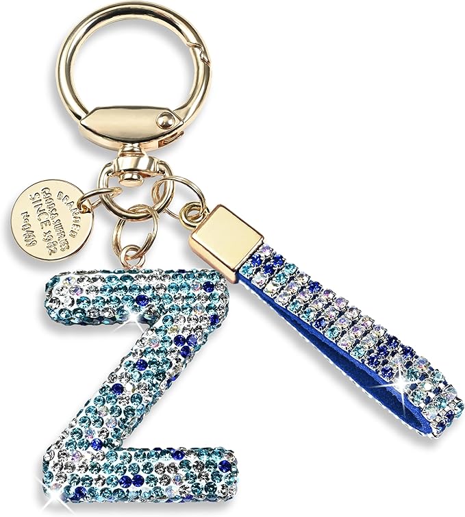 Pink Blue White Initial Letter Keychain Gift for Women Girls Bling Sparkly Cute Backpack Car Key Accessories Lanyard