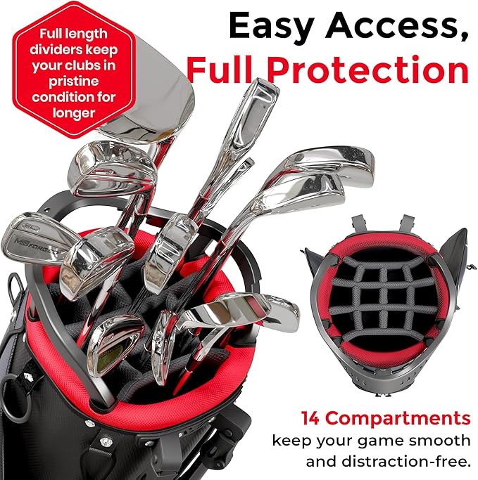 Emerald Isle 14 Way Full Length Divider Golf Bag Stand, Heavy Duty Carry Bag with Rain Hood, Multiple Pockets, Padded Handle and Strap, Lightweight Golf Bag for Men and Women