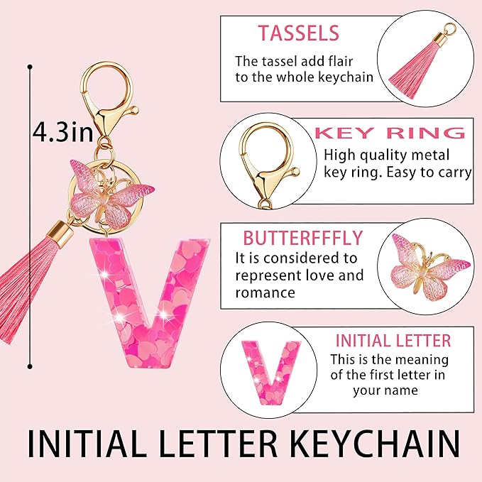 Suweibuke Colourful Cute Initial Letter Keychains for Women Girls with Tassel Butterfly, Charm for Purse Handbags Backpacks