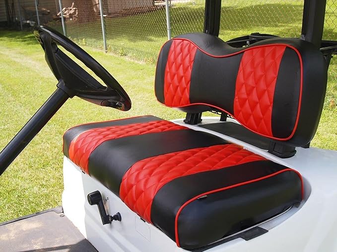 Huskey 4PCS Golf Cart Front/Rear Seat Covers for EZGO Medalist/TXT 94-13 Custom Two-Tone Black/Red Diamond Stitching with Red Piping, Marine Grade Vinyl Material, Staple on Design