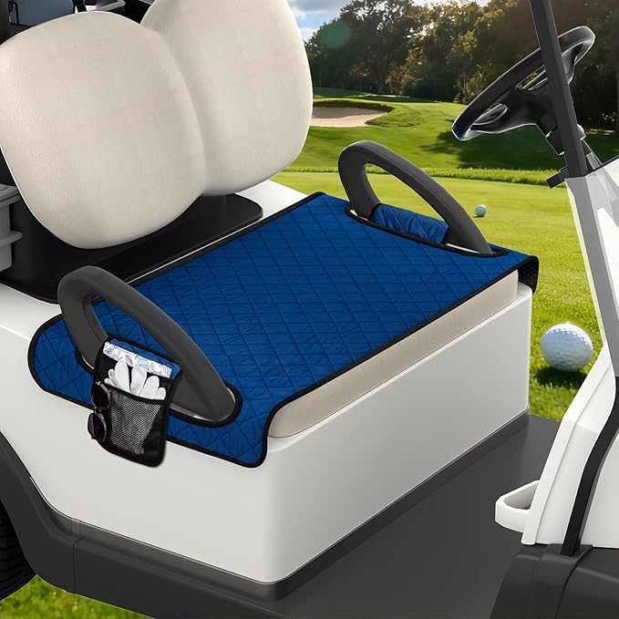 Universal Golf Cart Seat Covers Waterproof Golf Cart Seat Protector with 4 Side Pockets & Anti-Slip Bottom Fits for Most Golf Carts,Fits for EZGO,Club Car,Yamaha and More(Blue with side pockets)