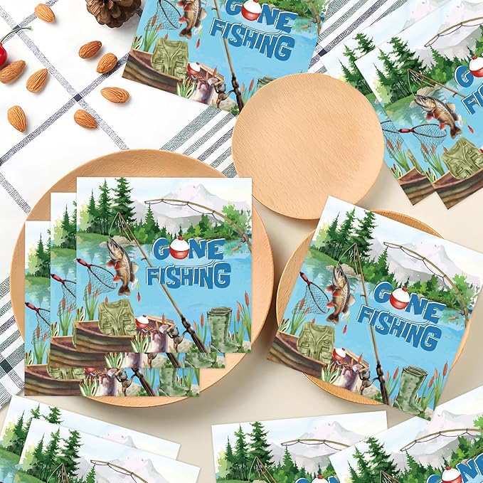50PCS Gone Fishing Birthday Party Napkins Decorations, Disposable Paper Fish 1st Birthday Decorations, Fisherman Themed Decor Supplies Size 6.5 Inch