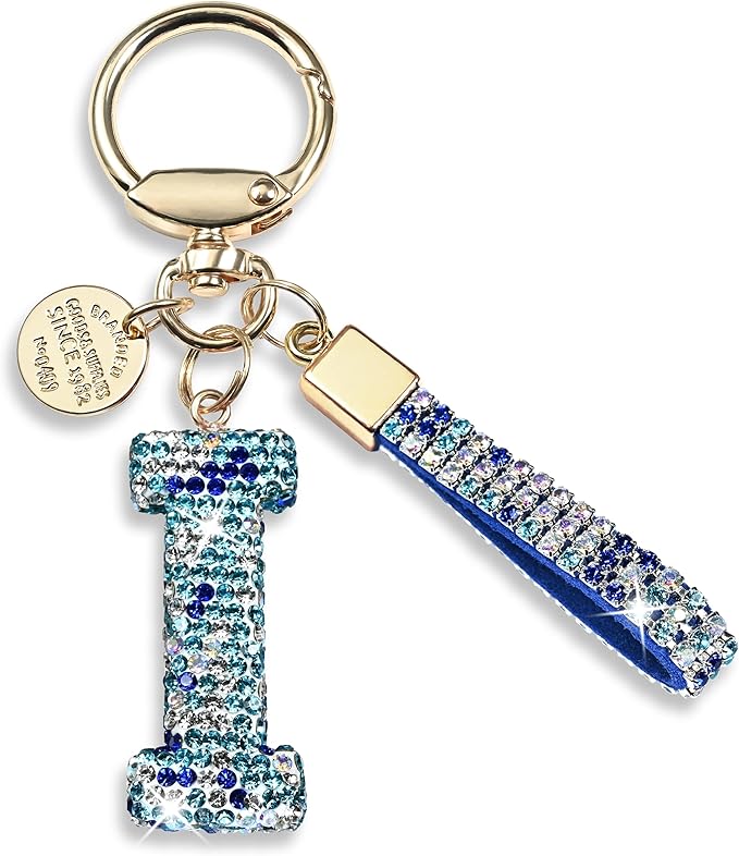 Pink Blue White Initial Letter Keychain Gift for Women Girls Bling Sparkly Cute Backpack Car Key Accessories Lanyard