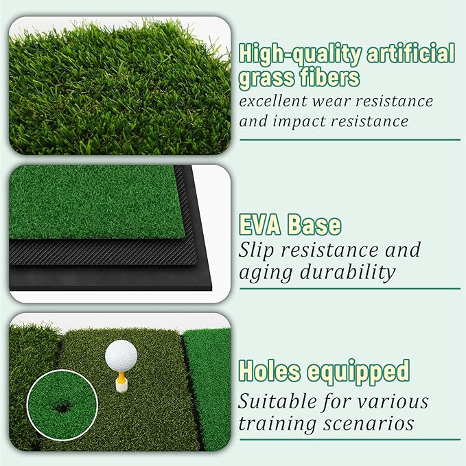 Golf Practice Mat Golf Hitting Mat for Swing, Putting & Chipping | Portable Golf Training Mat Indoor/Outdoor, Dual-Turf/Tri-Turf Golf Mat with 8 Tees