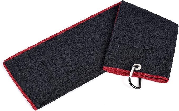 Mile High Life Microfiber Waffle Pattern Golf Towel | Club Groove Cleaner Brush | Foldable Divot Tool with Magnetic Ball Marker (Black w/red Towel/Brush/Fish Divot)