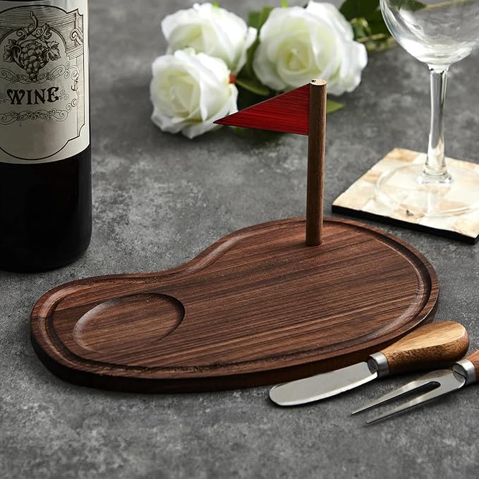 Golf Cheese Board Gift Set Party Favor Prizes Charcuterie Wood Board with Knives and Box Father Day Gift for Dad Grandpa Party Tournament Game(9.8" x 7.7", Walnut Color)