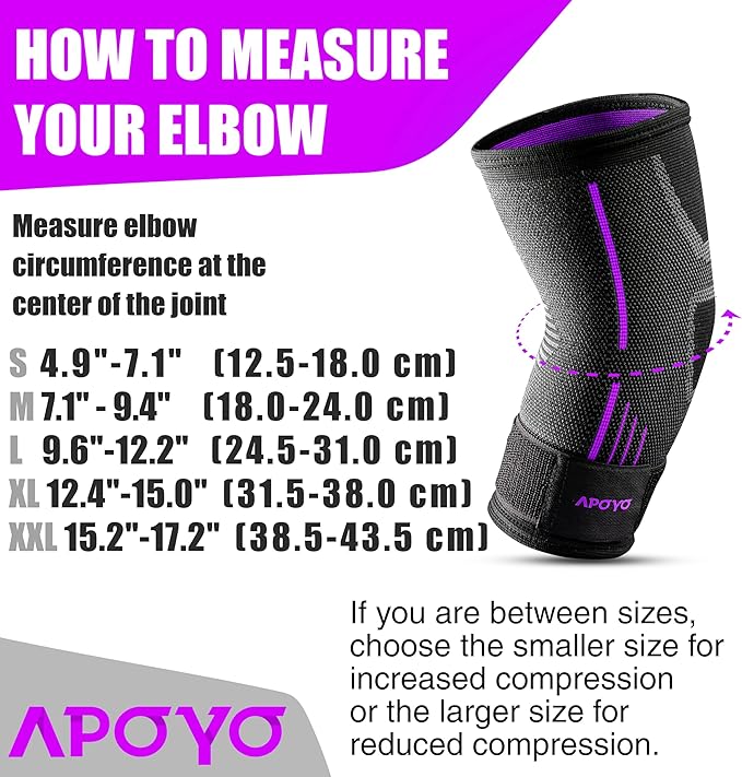 APOYO Elbow Brace for Tendonitis and Tennis Elbow, Elbow Compression Sleeve, Elbow Brace for Women and Men w/ Adjustable Strap for Tennis Elbow Relief, Weightlifting, Arthritis, Workouts, Reduce Joint Pain During Fitness Activity (Purple (Pair), Large)