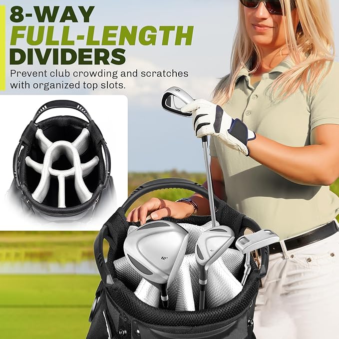 8-Way Golf Stand Bag, Lightweight Golf Bag with Dual Strap & Full-Length Dividers, Portable Golf Club Carry Bag with Multiple Pockets, Waterproof Rain Hood for Men Women