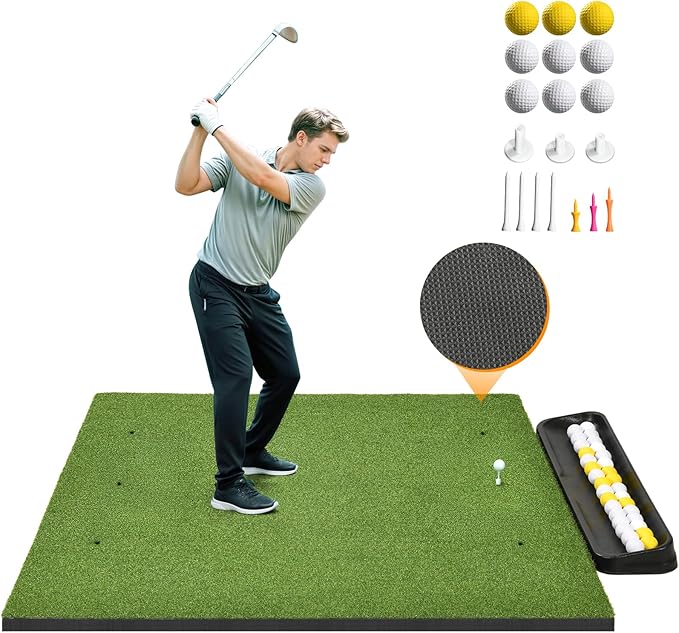 5x4ft Golf Hitting Mat, Thickened 21mm/31mm/36mm Artificial Turf Golf Practice Mats for Indoor Outdoor Backyard Driving Swing Training with 9 PU Balls, 3 Rubber Tees, 7 Tees