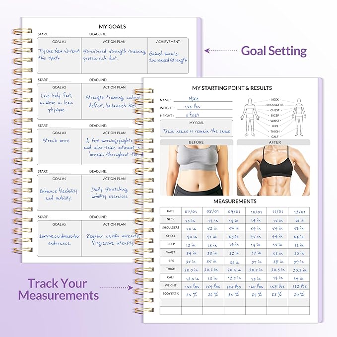 Fitness Journal Workout Planner for Women & Men, A5 (6.4" x 8.3") Workout Journal Log Book Planner Gift for Track Gym Essentials, Home Workouts, Track Progress, Achieve Wellness Goals, Purple