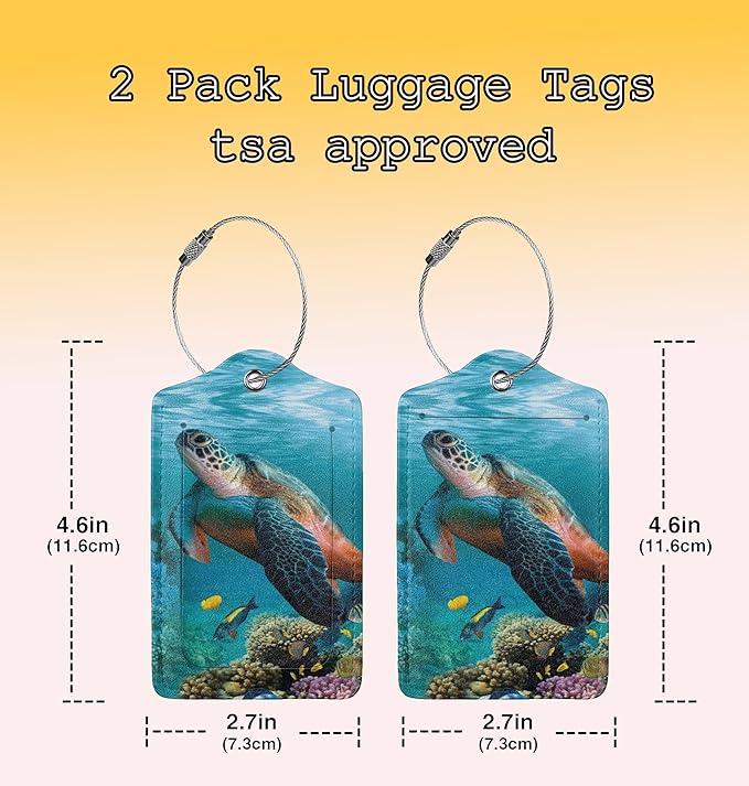2 Pack Sea Turtle Luggage Tags for Suitcases, Cool Leather Luggage Tag for Travel, Bag Tag Privacy Name ID Card Bag Labels for Friends Adults Kids Tourists