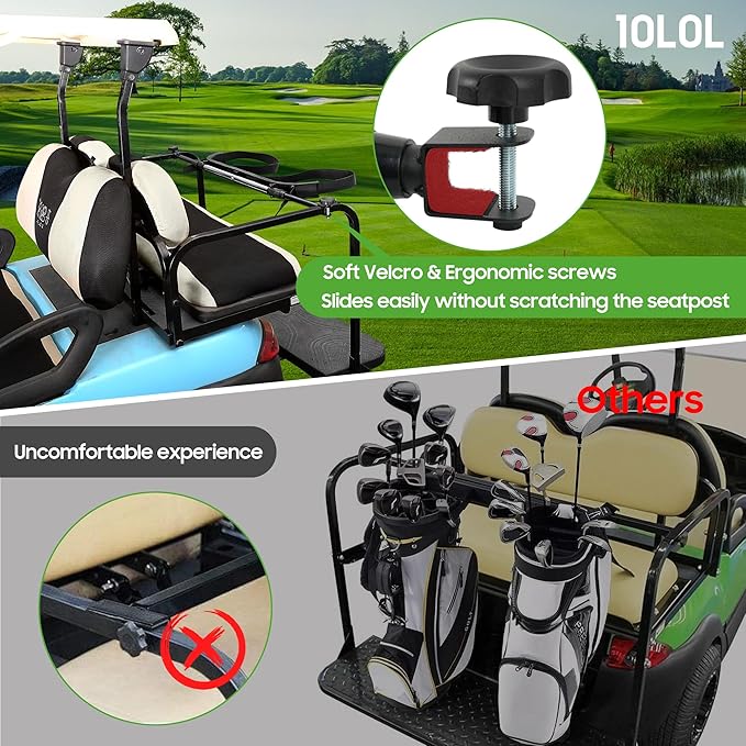 10L0L Upgraded Golf Bag Stand Attachment, Adjustable Rear Cart Bag Holder for Yamaha, EZGO and Club Car, No-Drilling Required Club Rack with Etra Strap