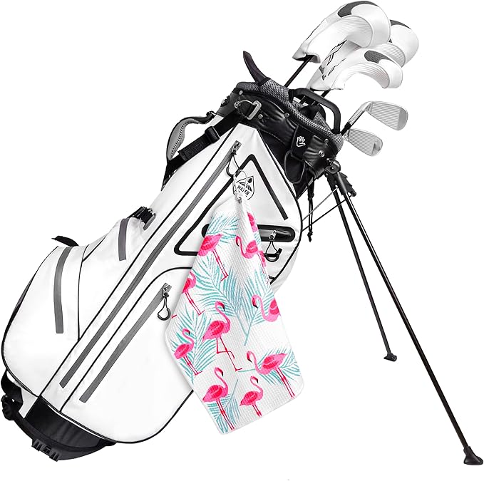 Microfiber Golf Towels for Golf Bags & Carts - Premium Weave Waffle & Ball Towels with Carabiner Clip, Essential Accessories for Men, Women and Kids, Golfer Gifts, Set of 2 (Flamingo Tropics)